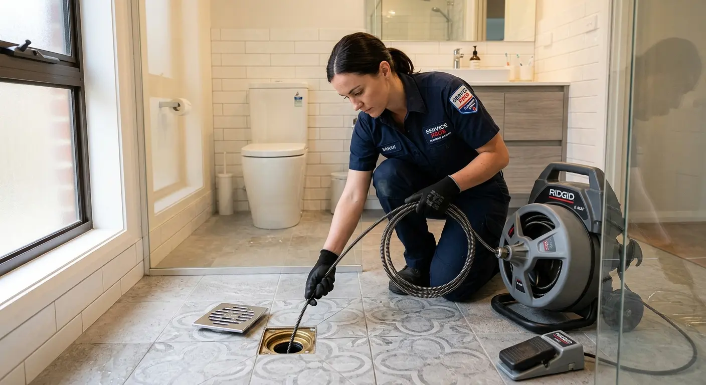 Technician clearing a bathroom floor drain for Drain Repair in Arcata